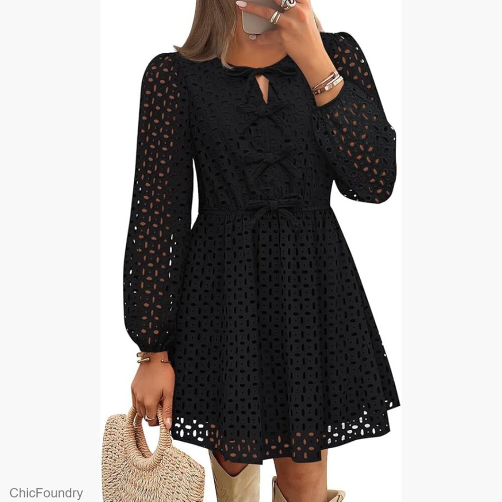 Long Sleeve Mini Dress Tie Front Hollow Out Babydoll A Line Fall Casual